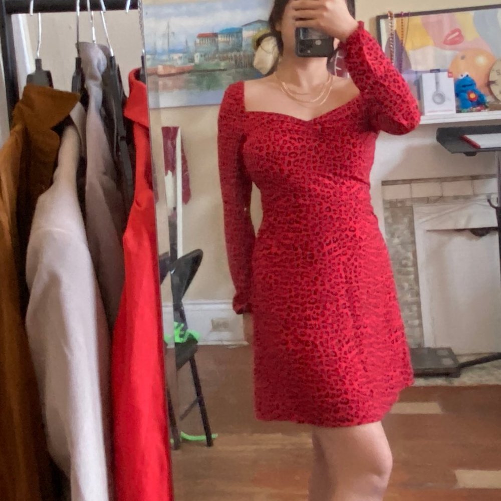 Forever 21 Leopard Print Red Black Mini Dress, Longsleeved